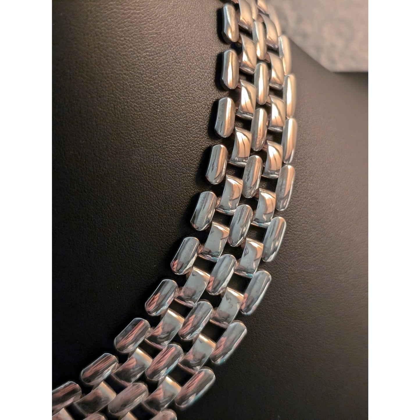 Vintage Silver Tone Basket Weave Rhodium Plated 1" Wide Choker 18" Necklace