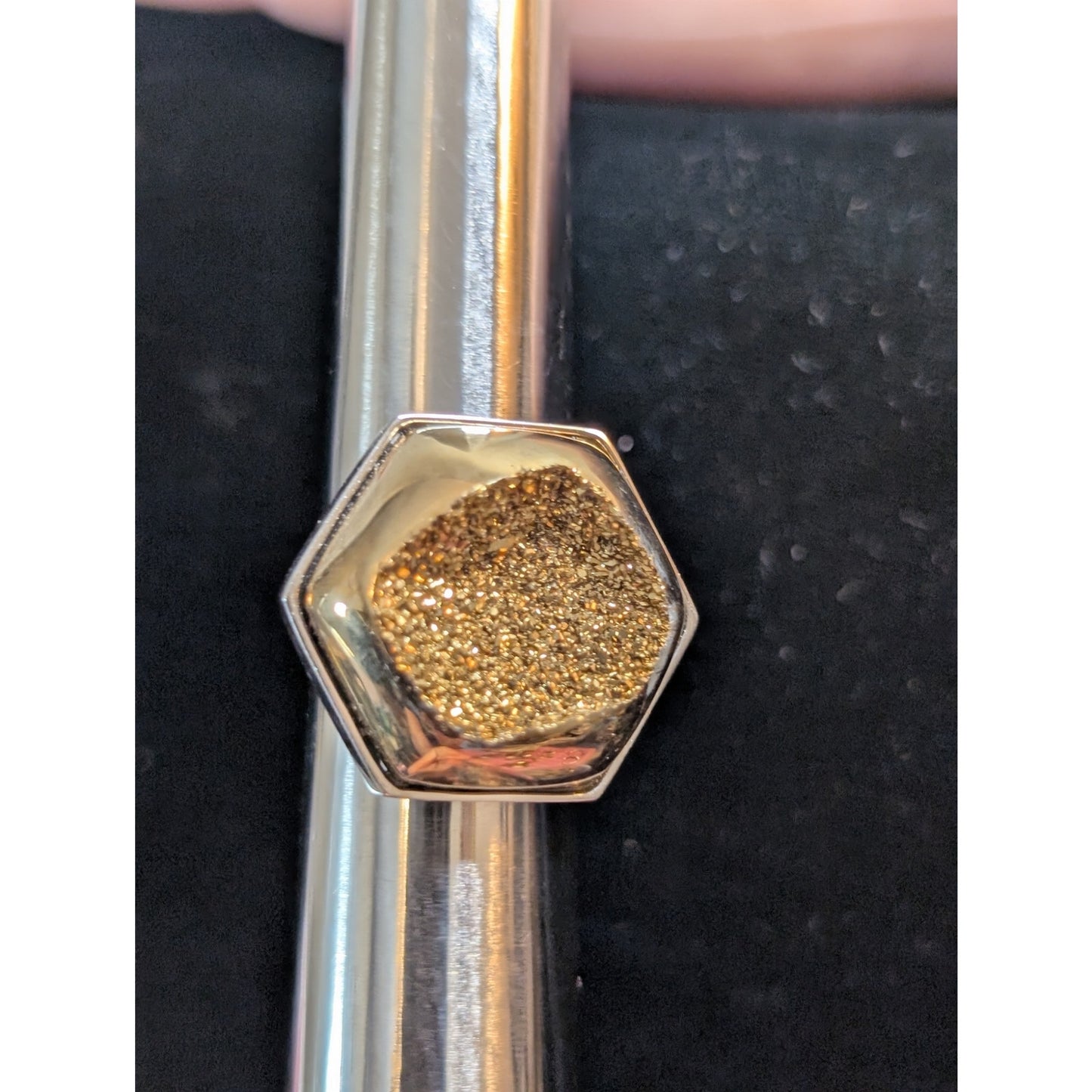 Chunky Hexagon Gold Druzy Quartz Two Tone Sterling Silver Ring Size 8