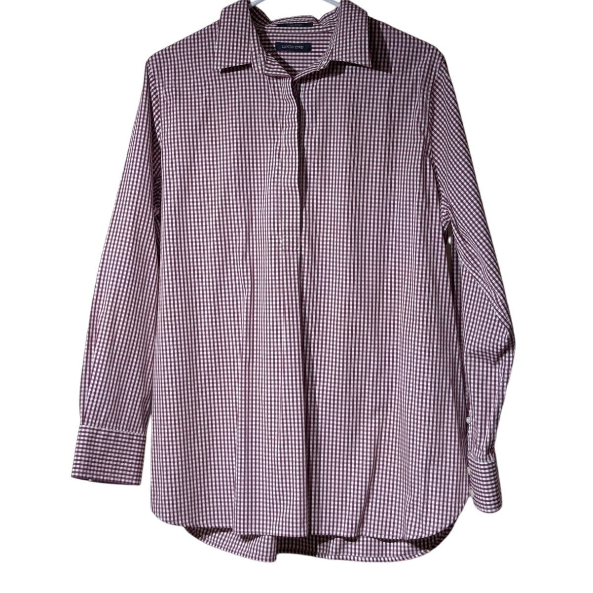 Lands' End Burgundy Check No Iron Supima Popover Long Sleeve Half Button Tunic