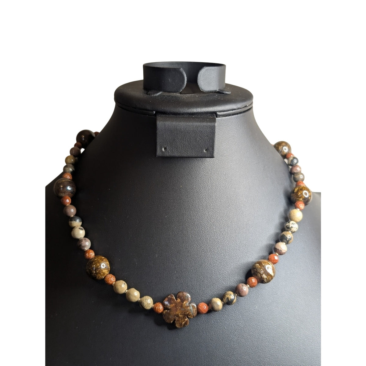 Jasper Agate Brown Stones & Goldstone Beaded Stone Flower 19.5" Necklace