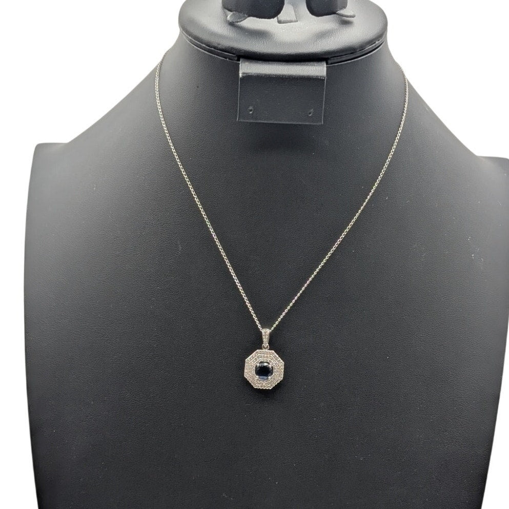 925 Sterling Silver Sapphire & Clear CZ Pendant 16.75" Necklace