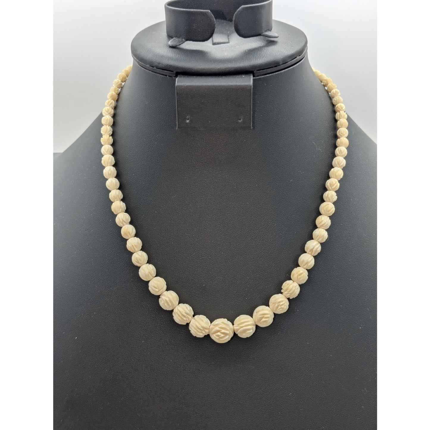 Antique Carved Celluloid Art Deco Graduated Bead 18.75" Necklace W/ Screw Clasp