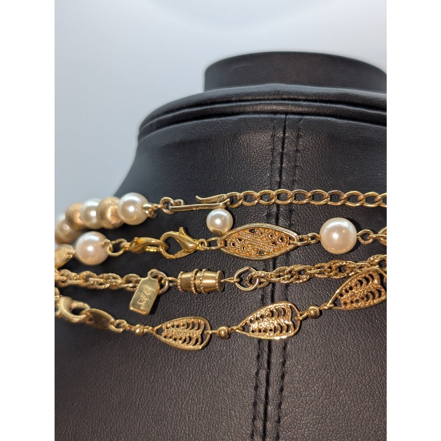 Lot of 4 Vtg Gold Tone Faux Pearl Fancy Chain Napier 1928 & Unbranded Necklaces