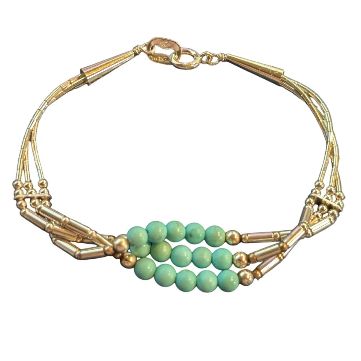 VTG Navajo Signed Turquoise Bead Three Strand Liquid Sterling Silver Bracelet