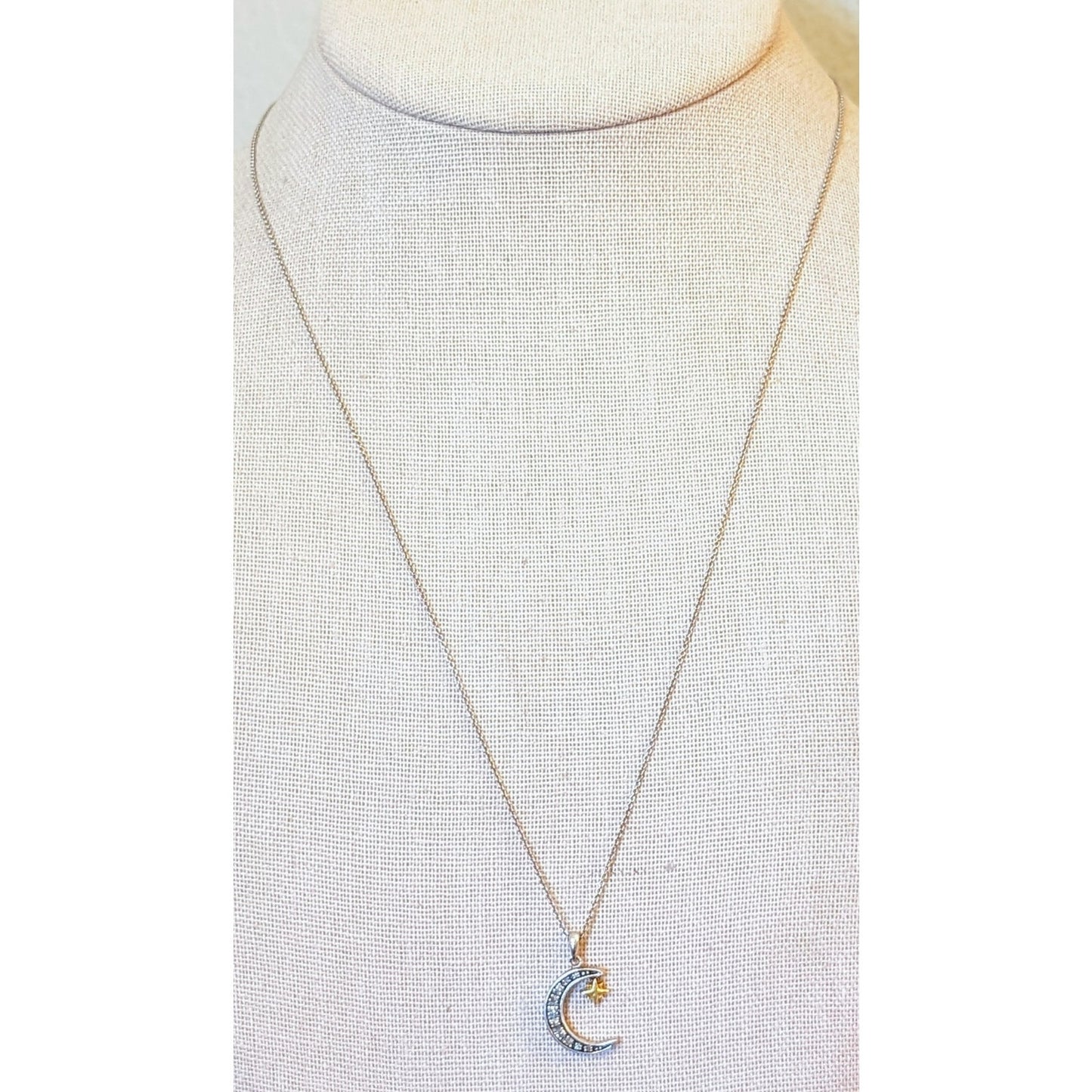 925 Sterling Silver Diamond Crescent Moon 10k Gold Star Pendant 20" Necklace