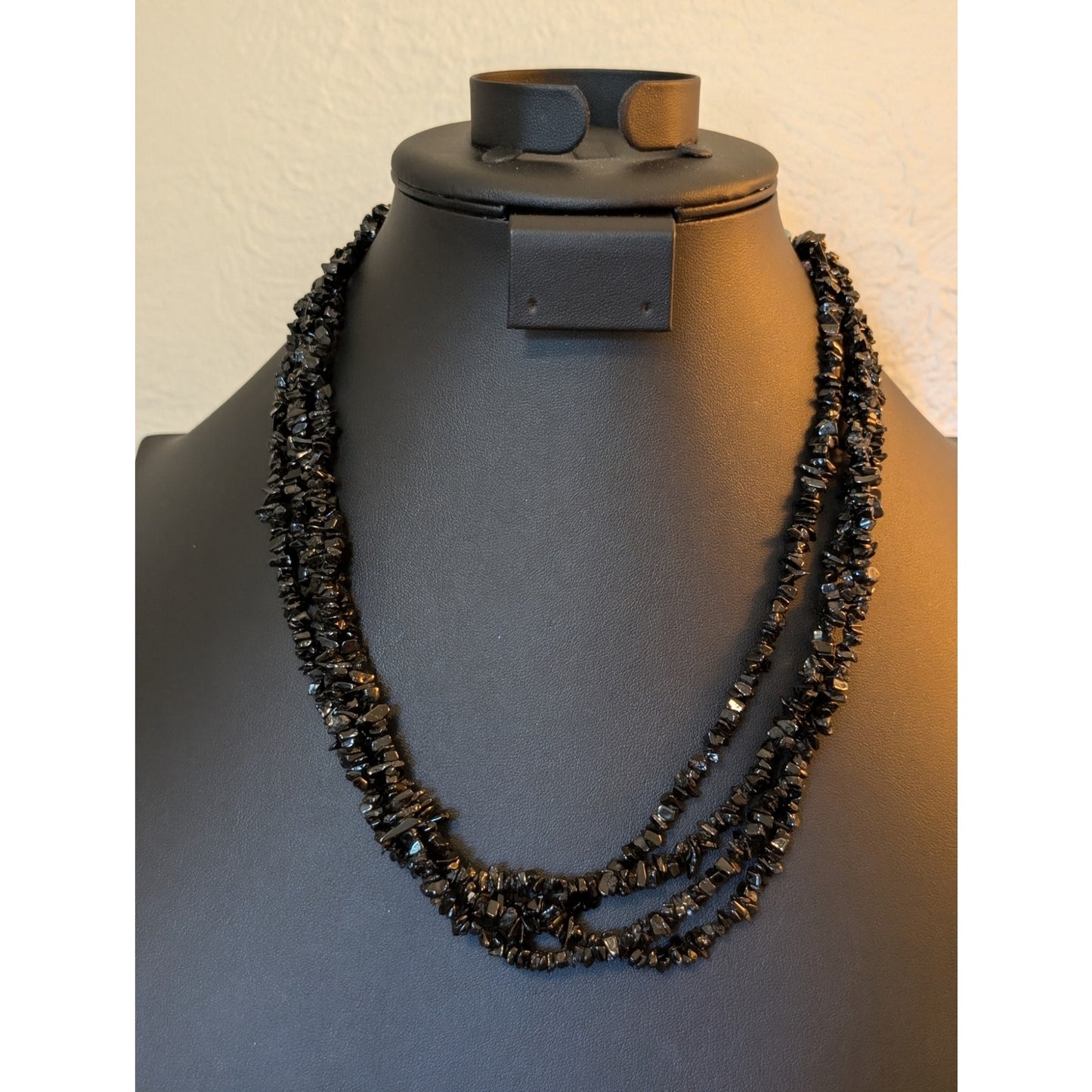 Vintage Southwest 4-Strand Black Stone Chip Bead Necklace W/ Sterling Cone Ends