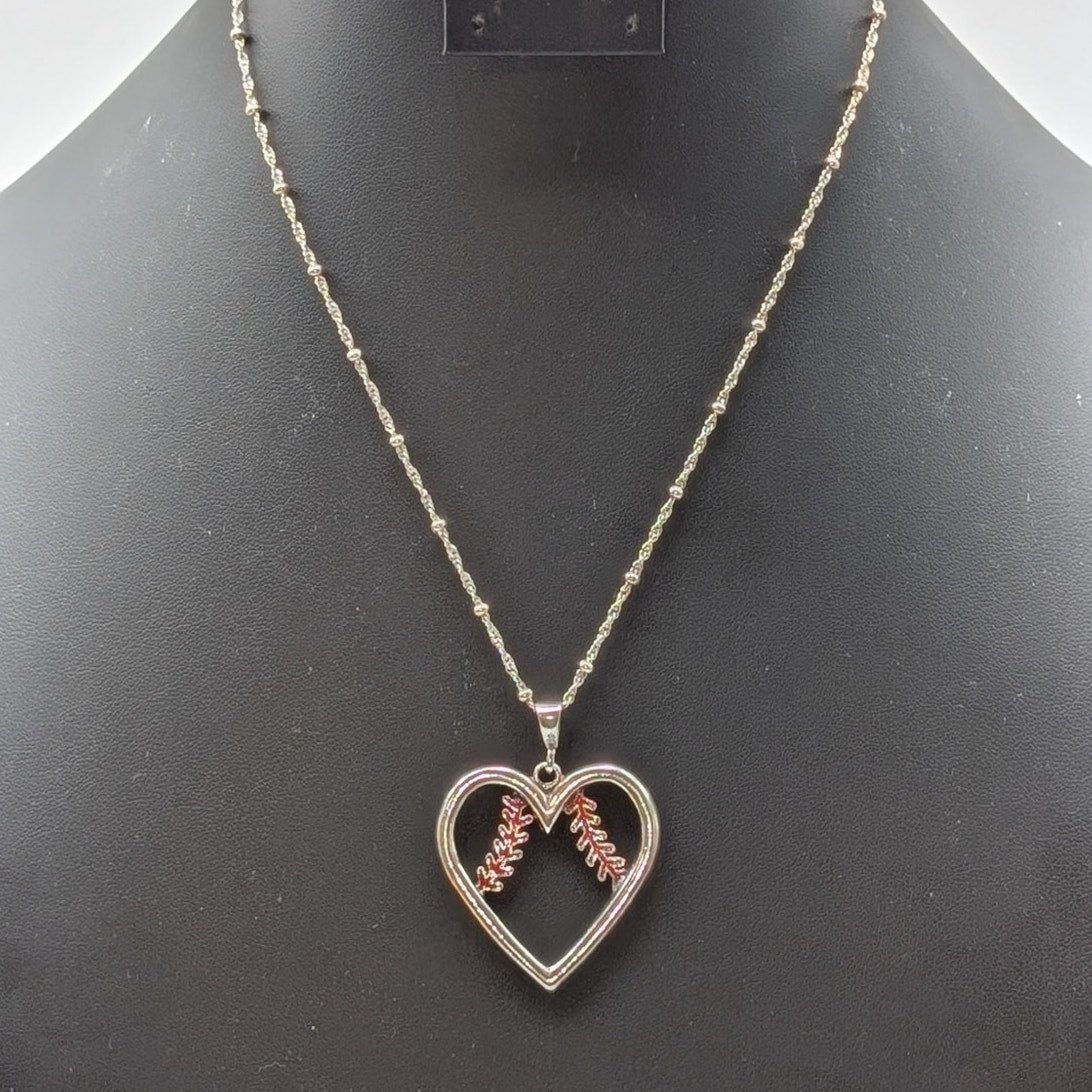 Large 925 Sterling Silver Red Enamel 'Baseball Heart' Pendant Chain Necklace