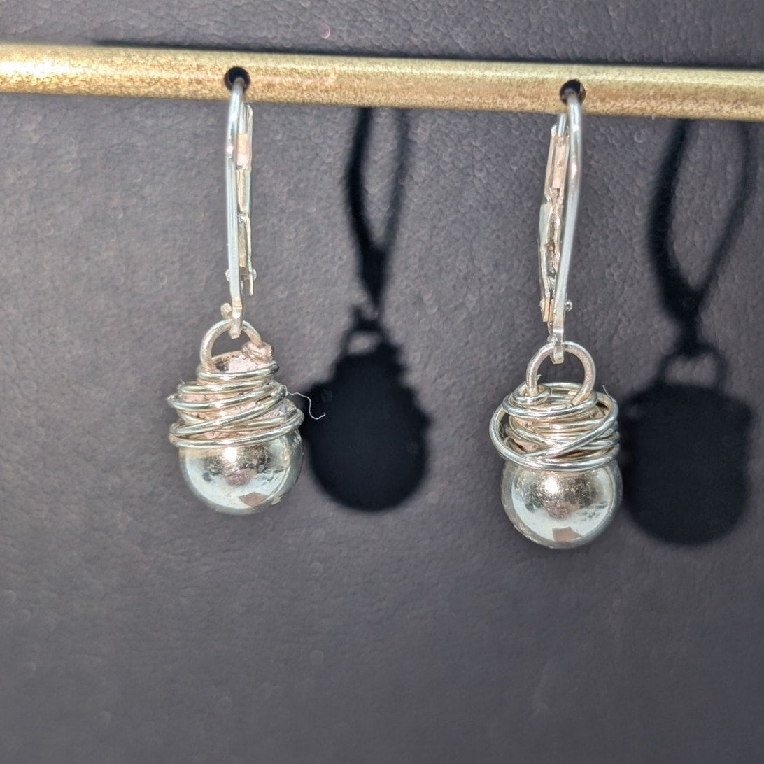 925 Sterling Silver Wire Wrapped Ball Lever Back Dangle Earrings