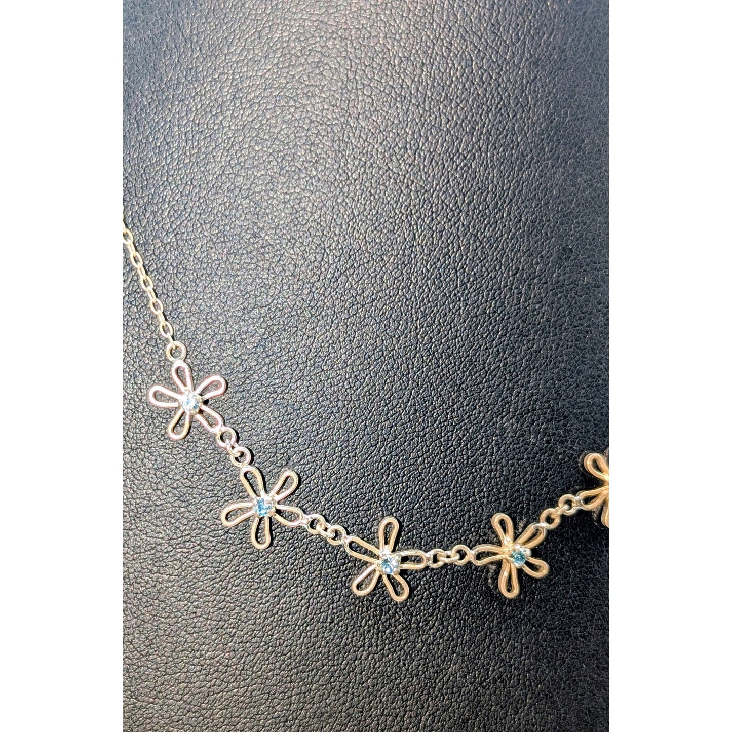 925 Sterling Silver Blue Topaz Five Flower Delicate Chain 16" Necklace