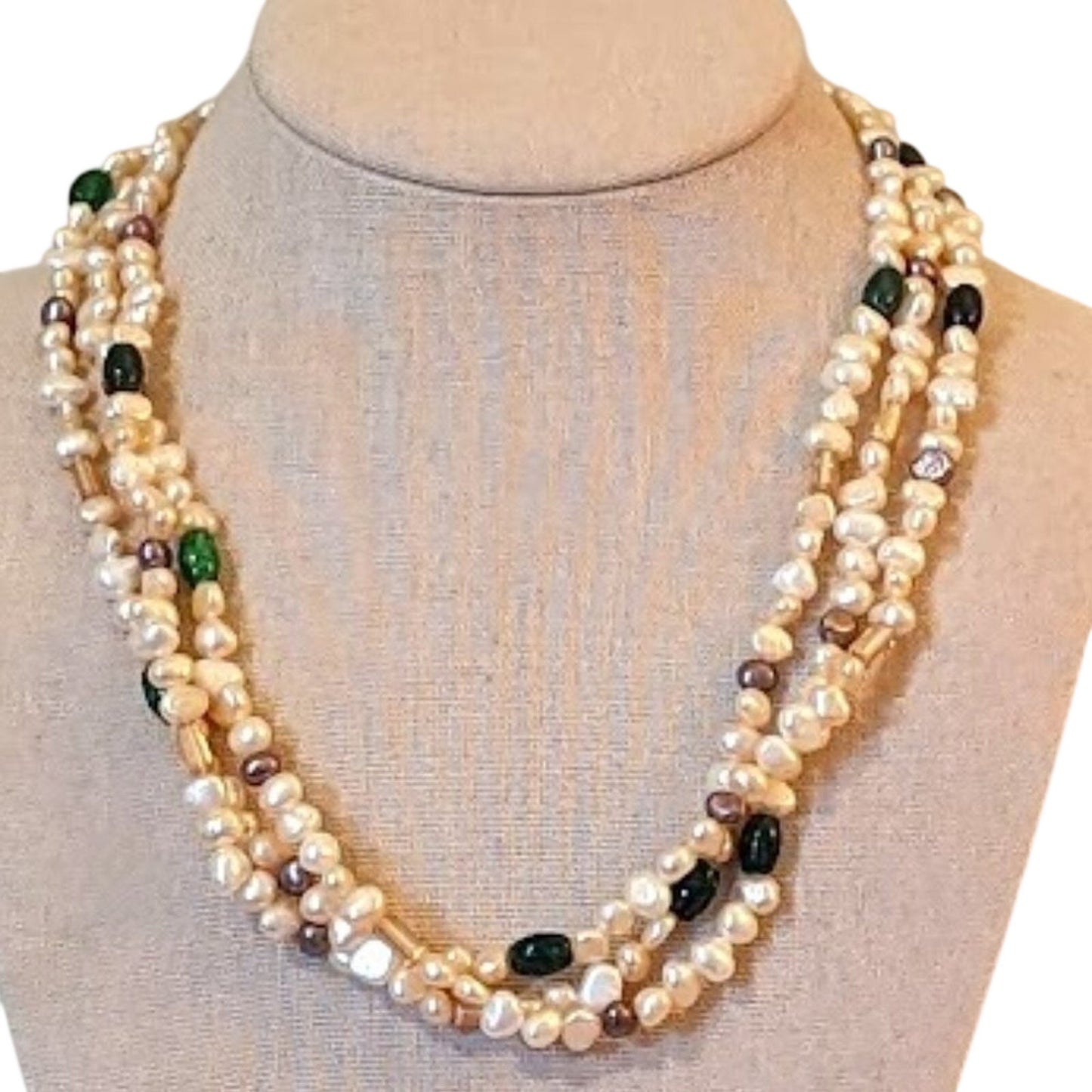 Three Strand Freshwater Cream and Plum Pearls with Lovely Glass Scattered Beads
