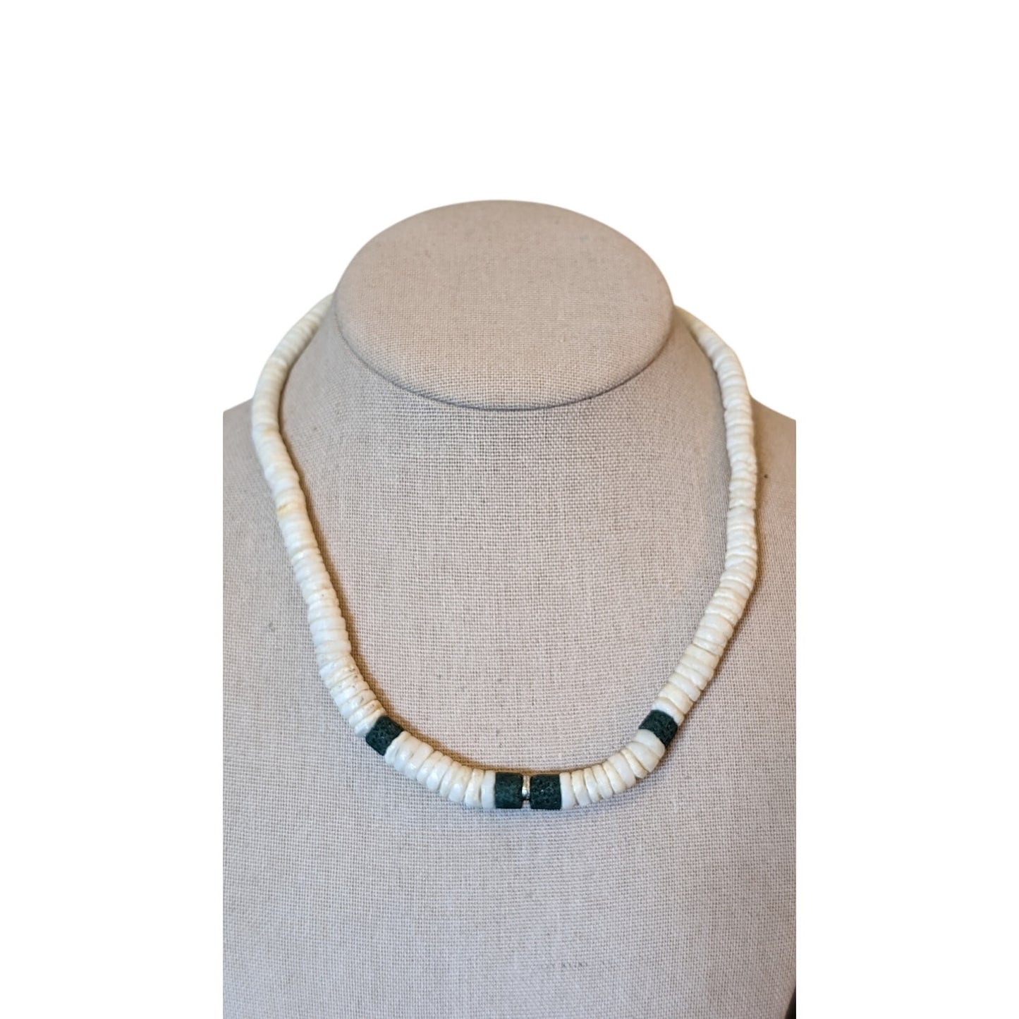 Vintage Puka Shell & Green Lava Stone Bead 15" Necklace