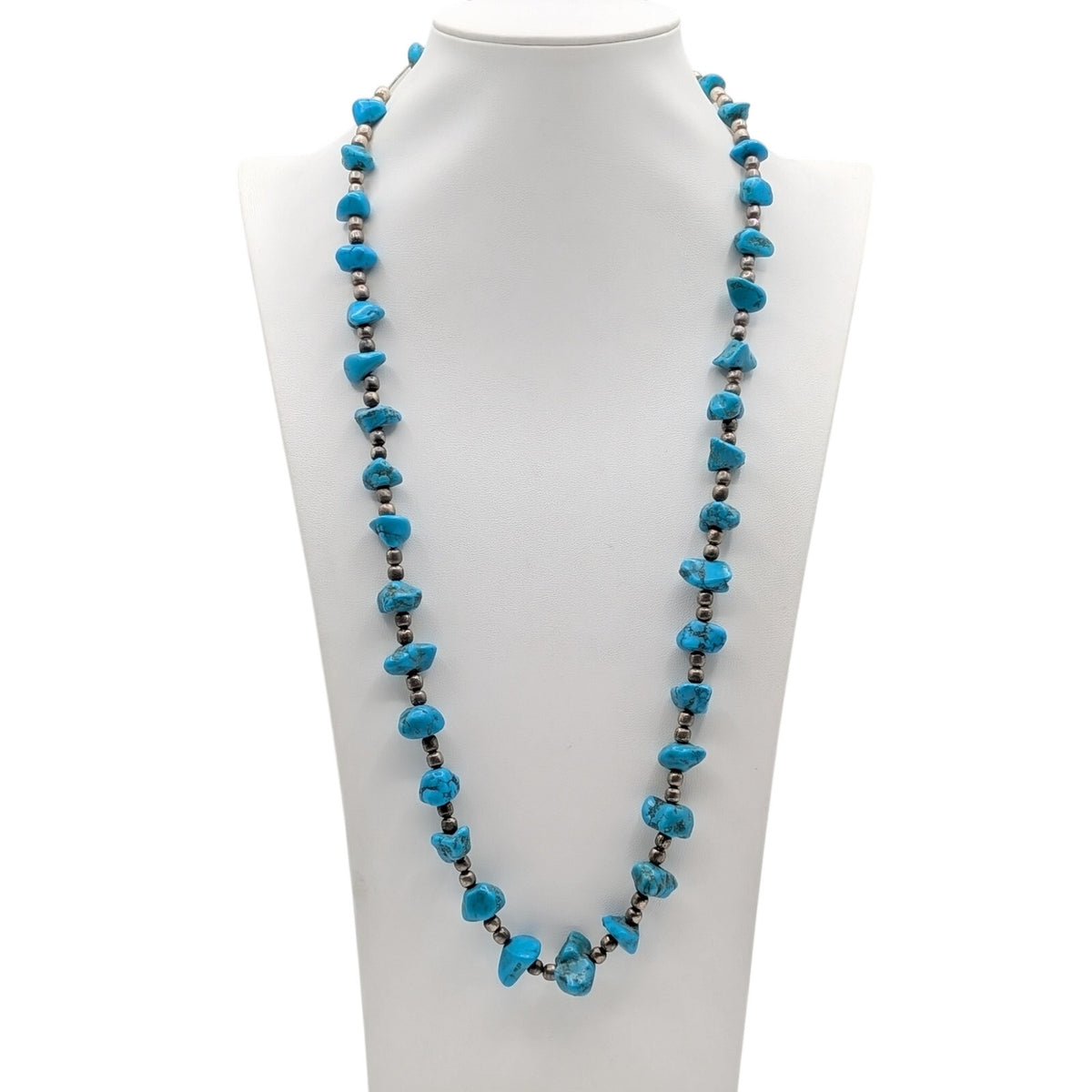 Vintage 1960s Turquoise Nugget Silver Beaded Hook Clasp 28" Necklace