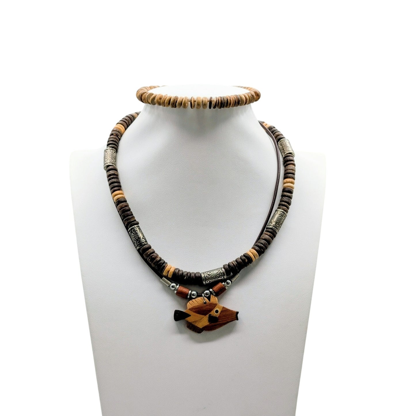 3 Piece Coconut Shell Bead & Inlay Fish Pendant Necklace & Bracelet Lot