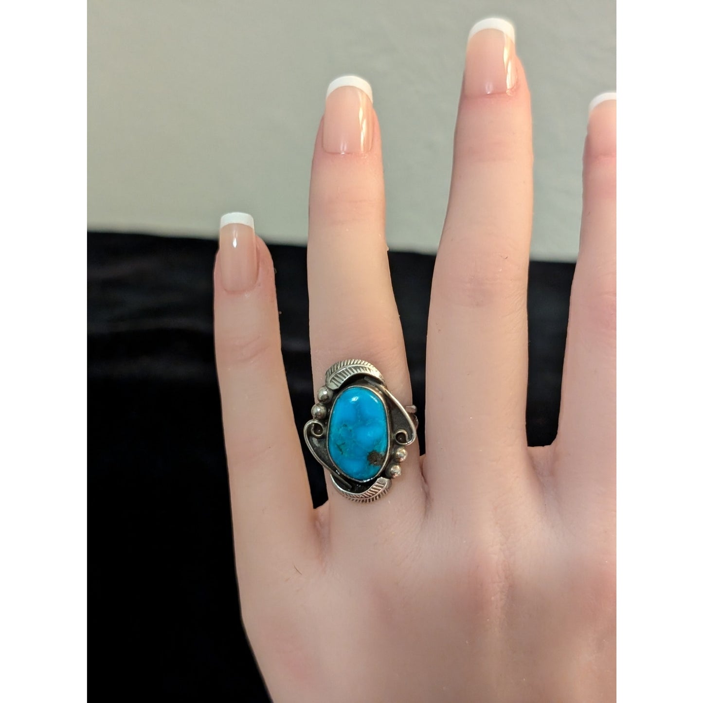 Vtg Southwestern Sterling Blue Turquoise Split Shank Feather Bead Ring Size 5