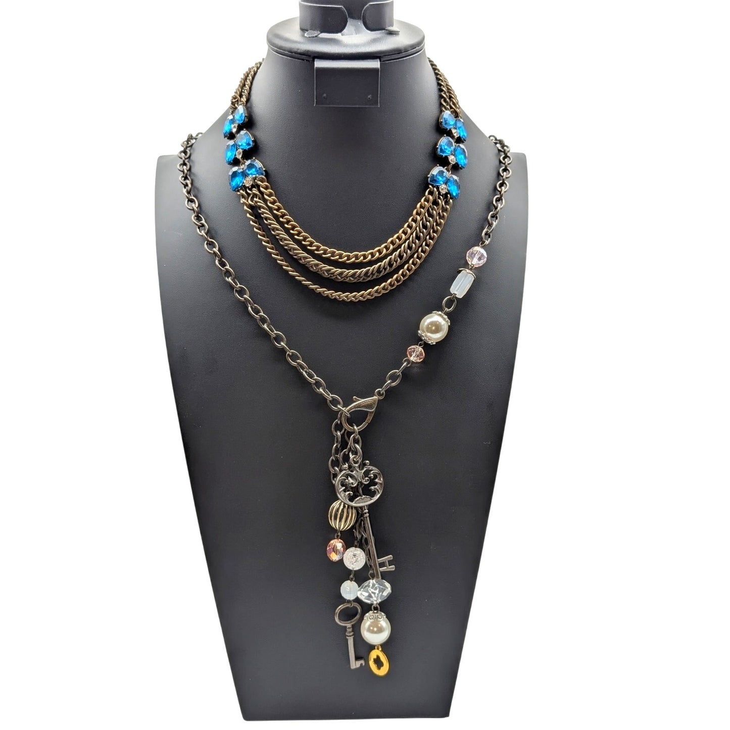 Lot of Two Plunder Necklaces Bronze Metal Blue Rhinestone Charm Tassel Chain