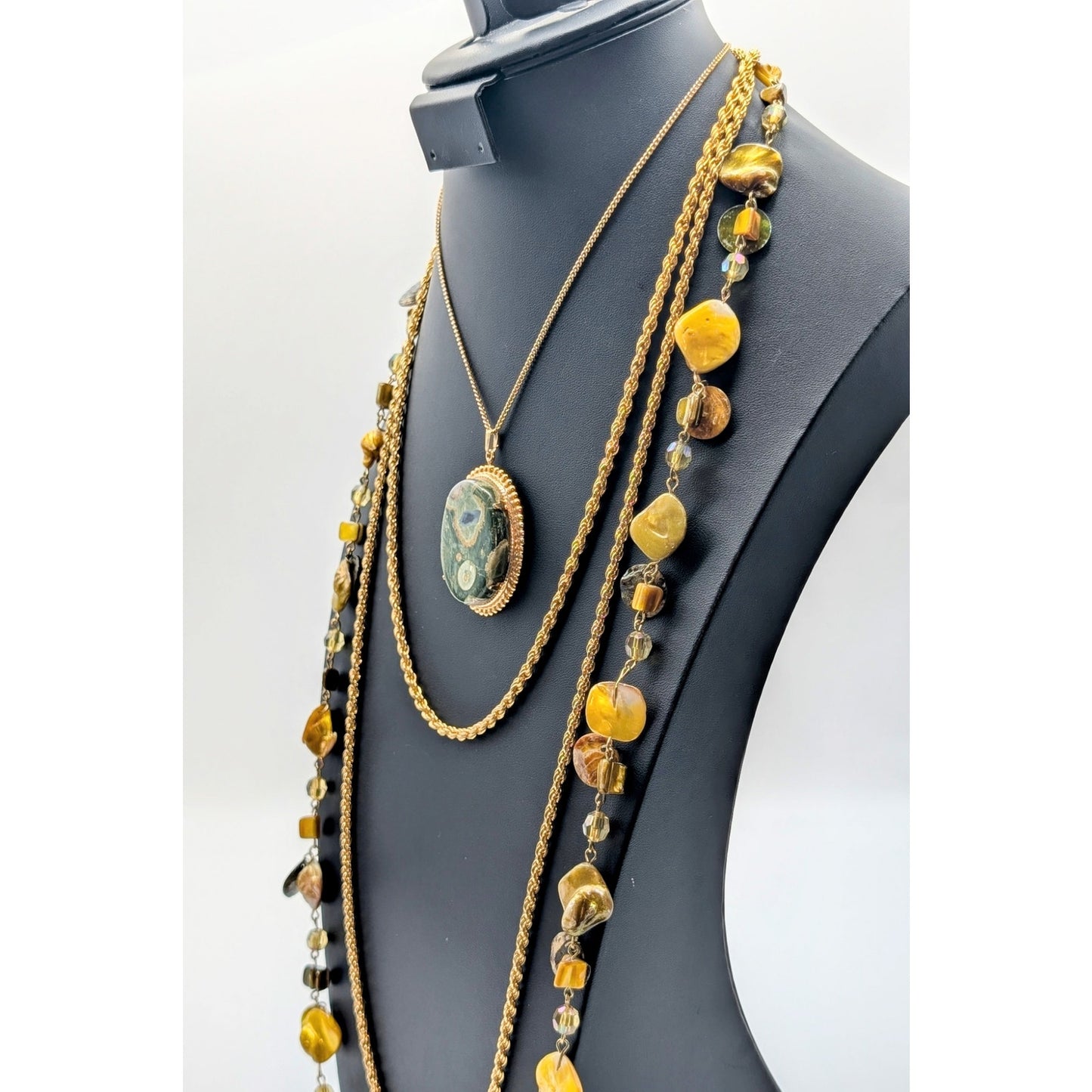 Lot of Four Gold Tone Green Yellow Necklaces