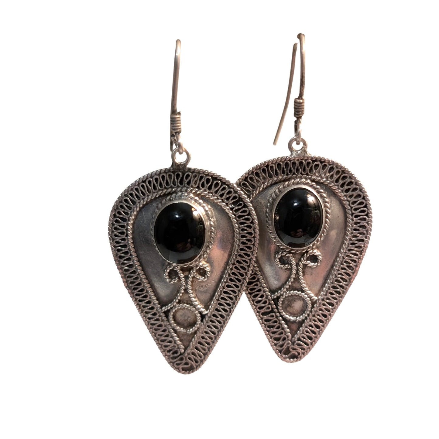 Vintage Black Onyx Bali Inspired Teardrop Dangle Earrings