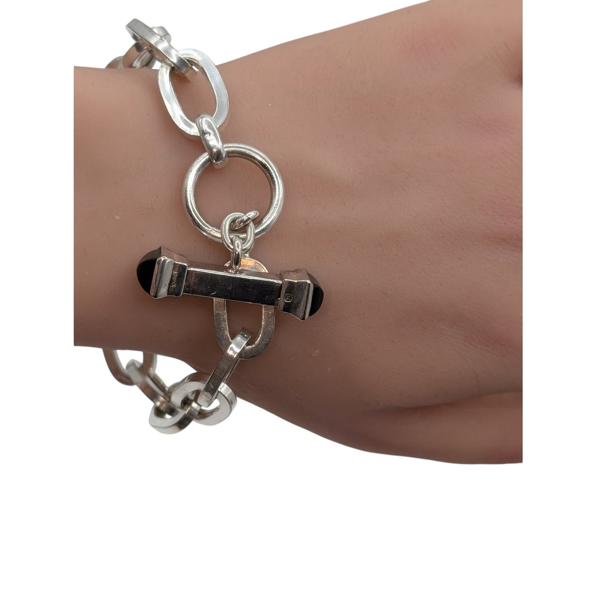 925 Italy Sterling Silver Onyx Toggle Oval Chain Link Bracelet 24.26g