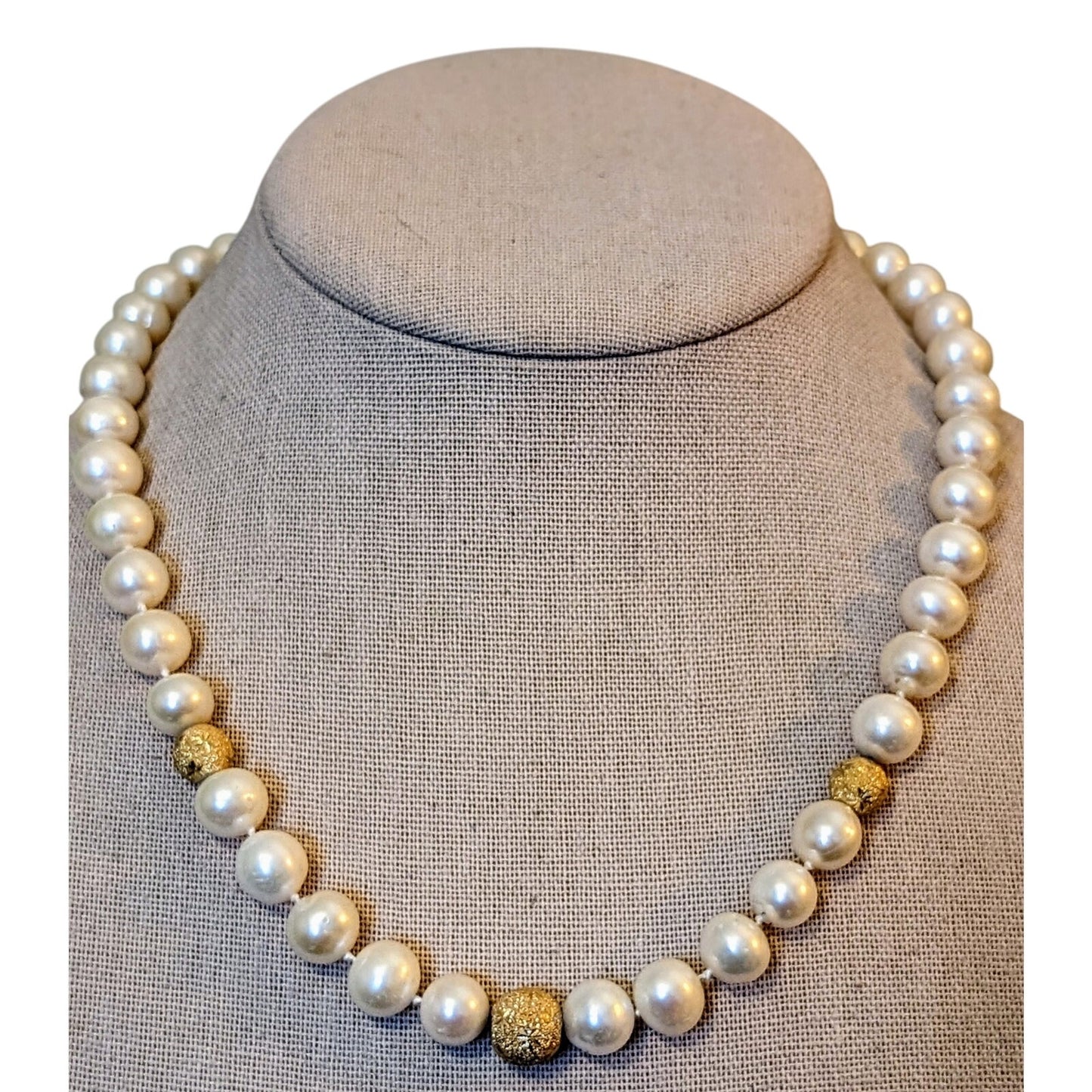 VTG PJS 14K Clasp Genuine 9mm Pearl Three Gold Lava Stone Bead 18" Necklace