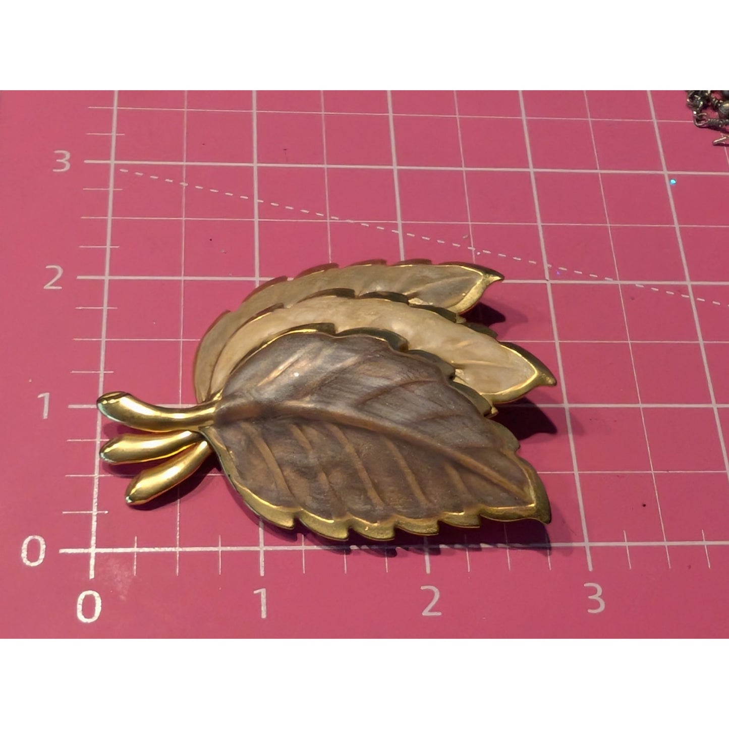 Gold Tone Metal & Neutral Painted Autumn Leaves Brooch & Pierced Earring Set