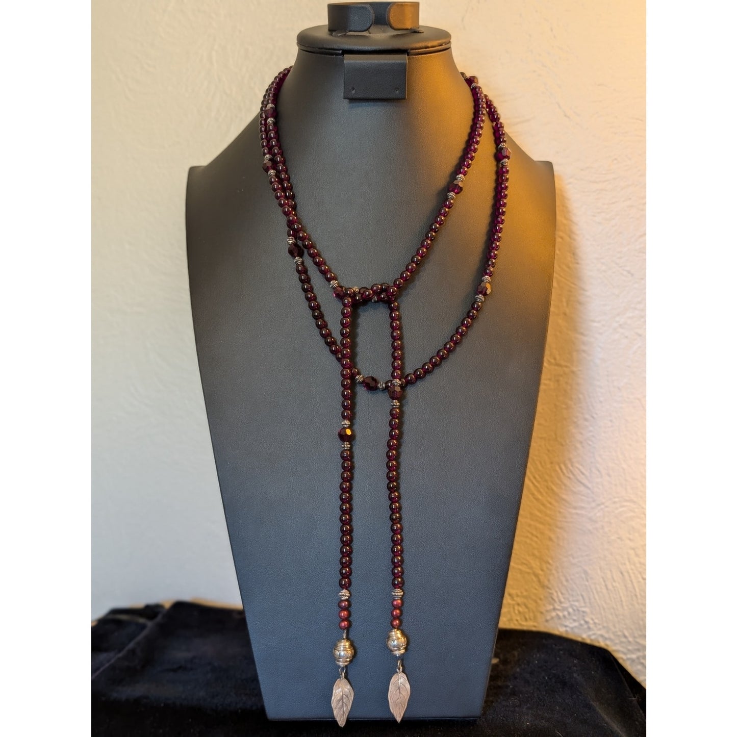 Boho Garnet Glass Bead Cranberry Pearl Sterling Leaf Tassel 63" Lariat Necklace