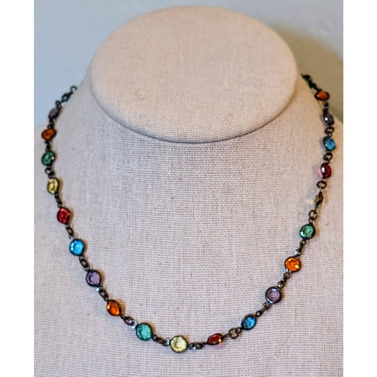 Colorful Bezel Set Crystals Antiqued Choker Chain 16.5-19.5" Necklace