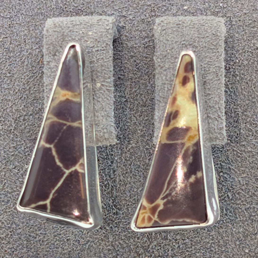 Vtg 925 Sterling Silver Coconut Dusty Purple Hue Jasper Pierced Earrings 5.00g