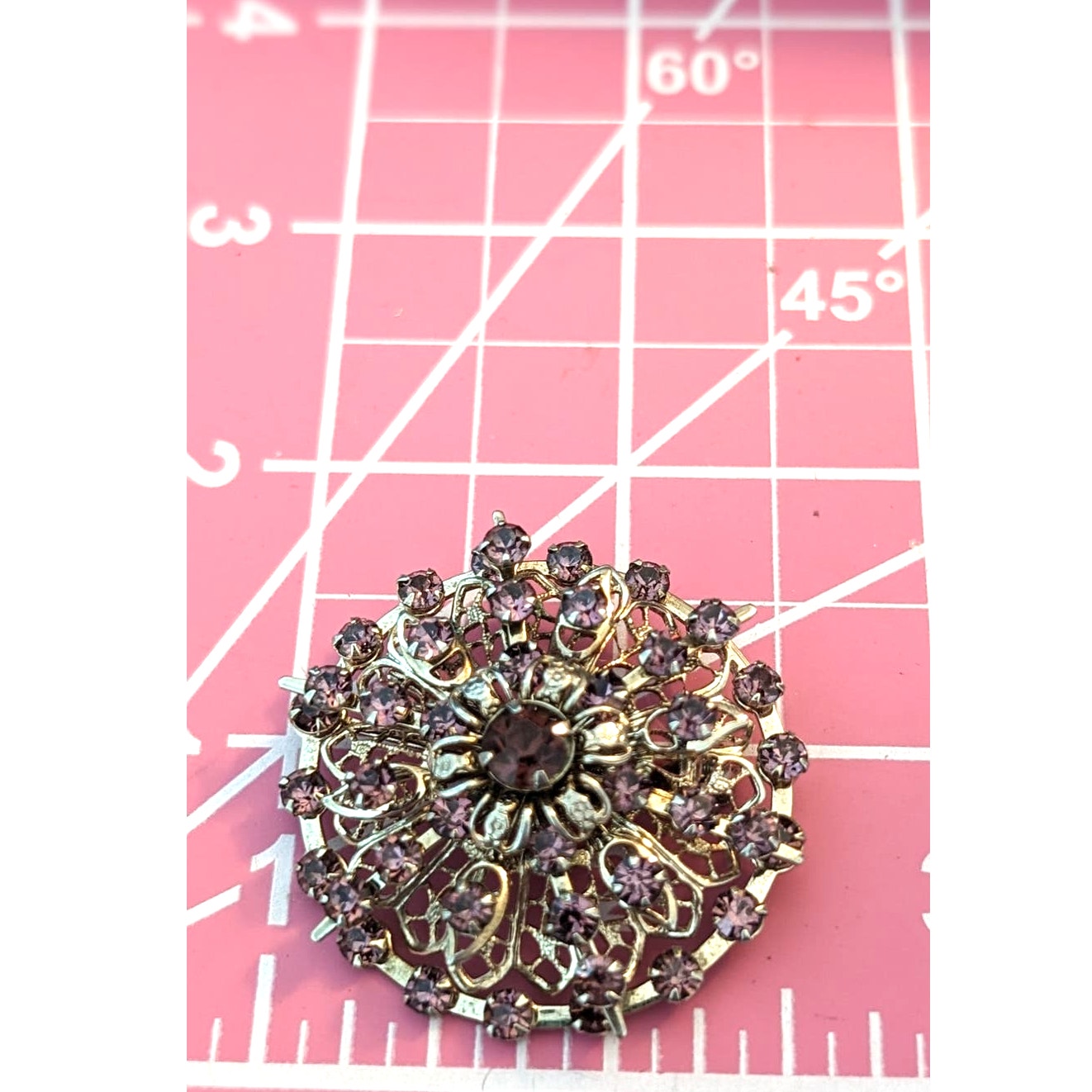 Vintage Silver Tone Purple Crystal Three Dimensional Flower Brooch