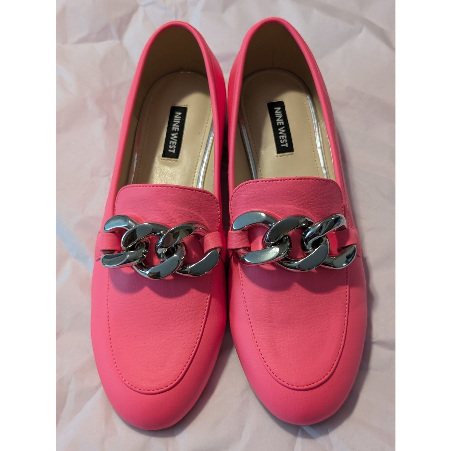 Nine West Neon Pink Silver Chain Round Toe Loafer Women's Size 8.5