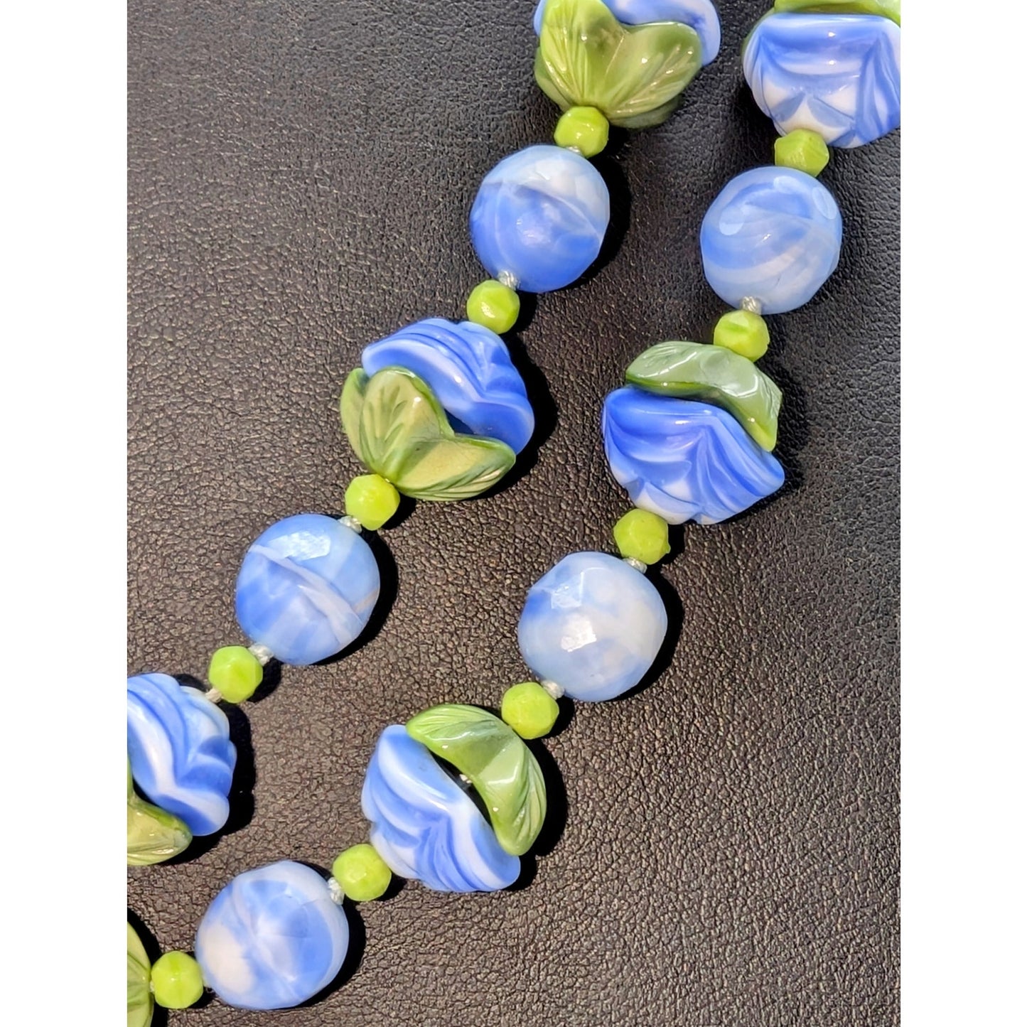 Vintage Art Deco Blue Green Slag Glass Flower Bead Long 50" Necklace