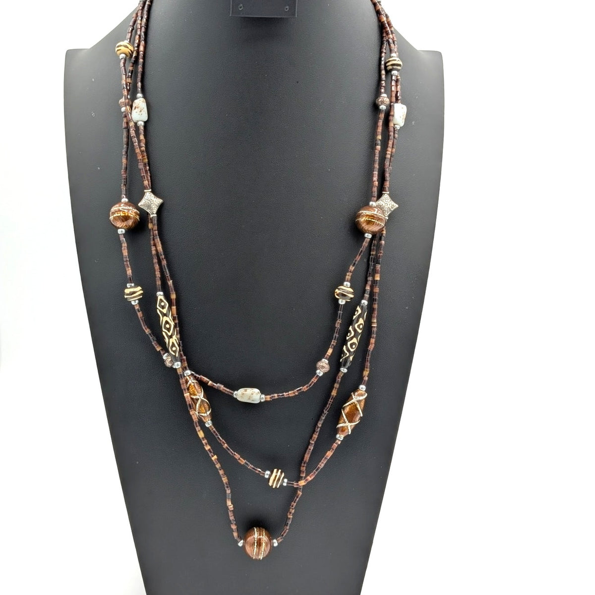 Chico's Art Glass Brown/Copper Silver Tone Bead Three Strand Tribal 32" Necklace