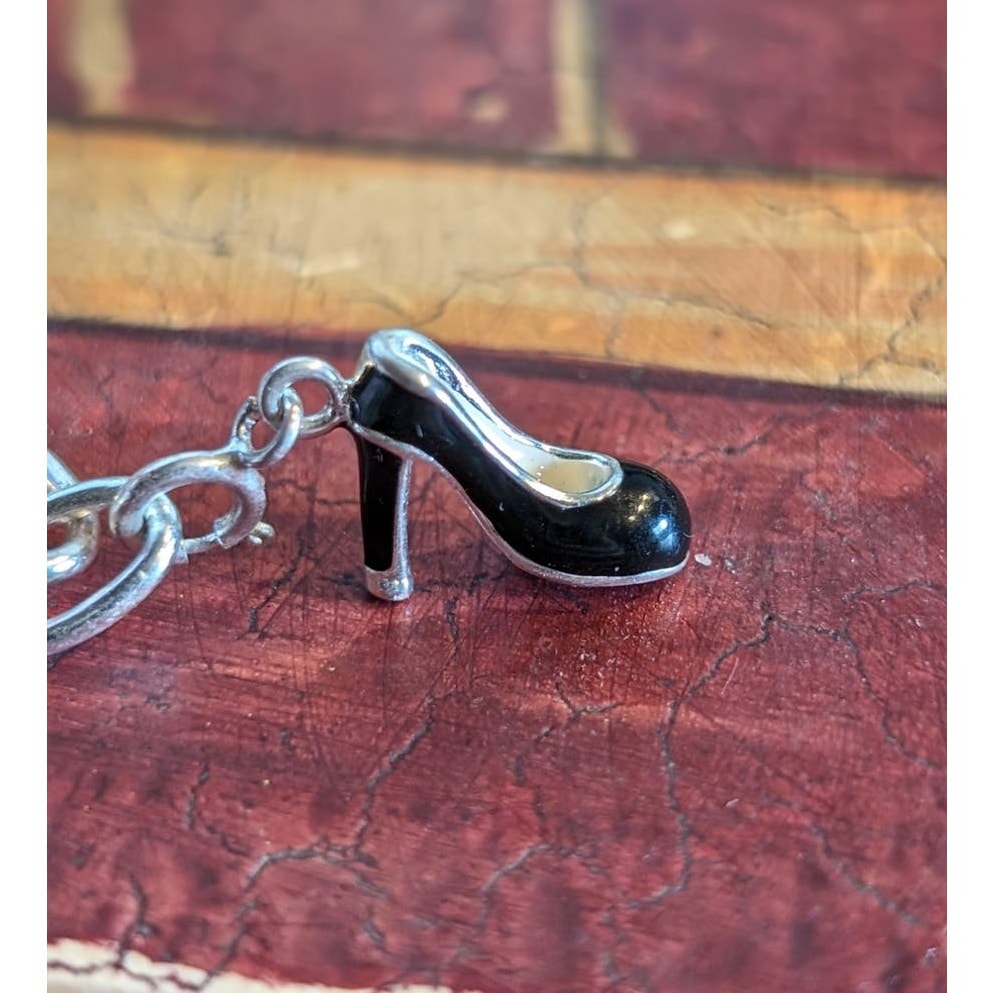 925 Sterling Silver Charm Bracelet W/ Black Enamel Pump Heel Charm