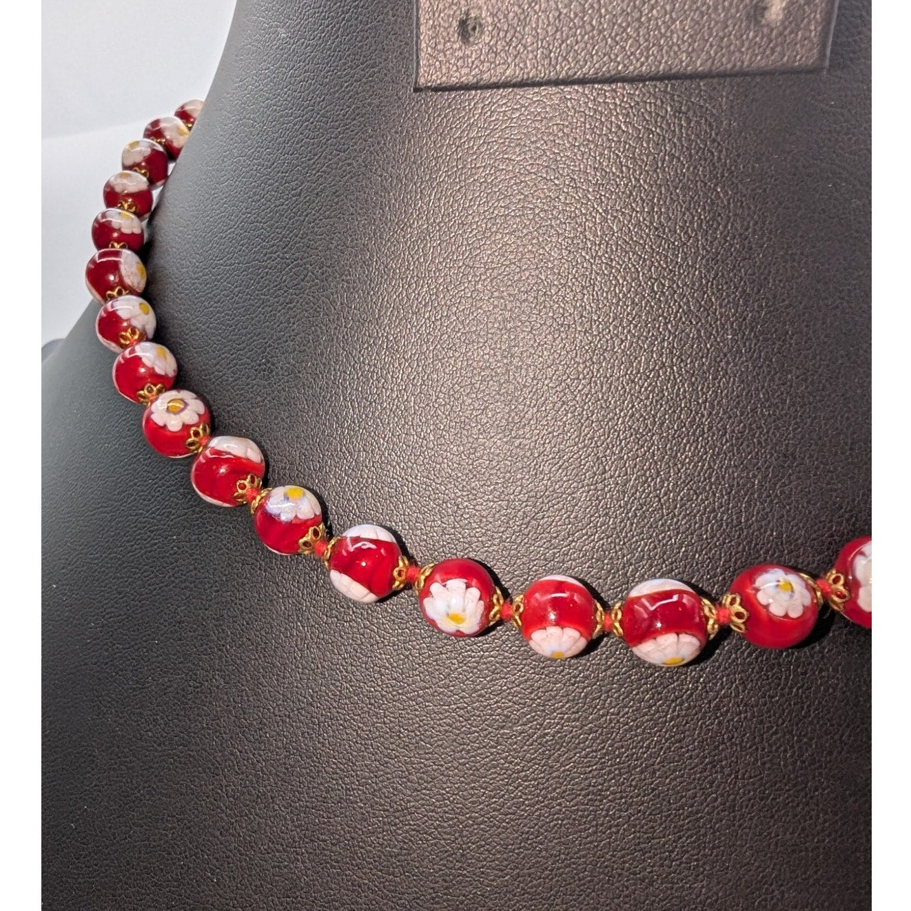 Antica Murrina Venezia Red Glass White Rose Millefiori Bead 16.5" Necklace