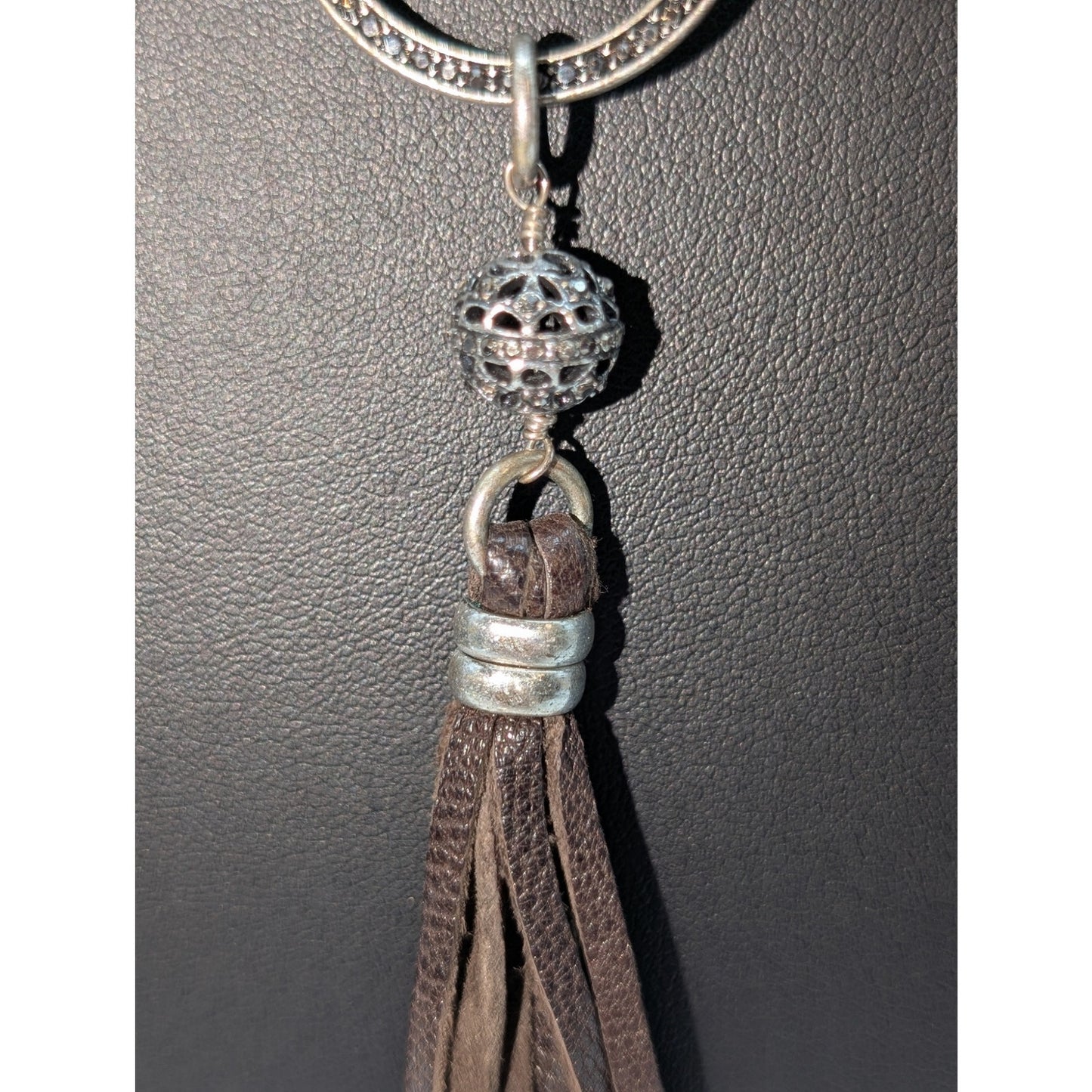 Lucky Brand Boho Wine Crystal Rhinestone Leather Tassel 34"-35.5" Necklace