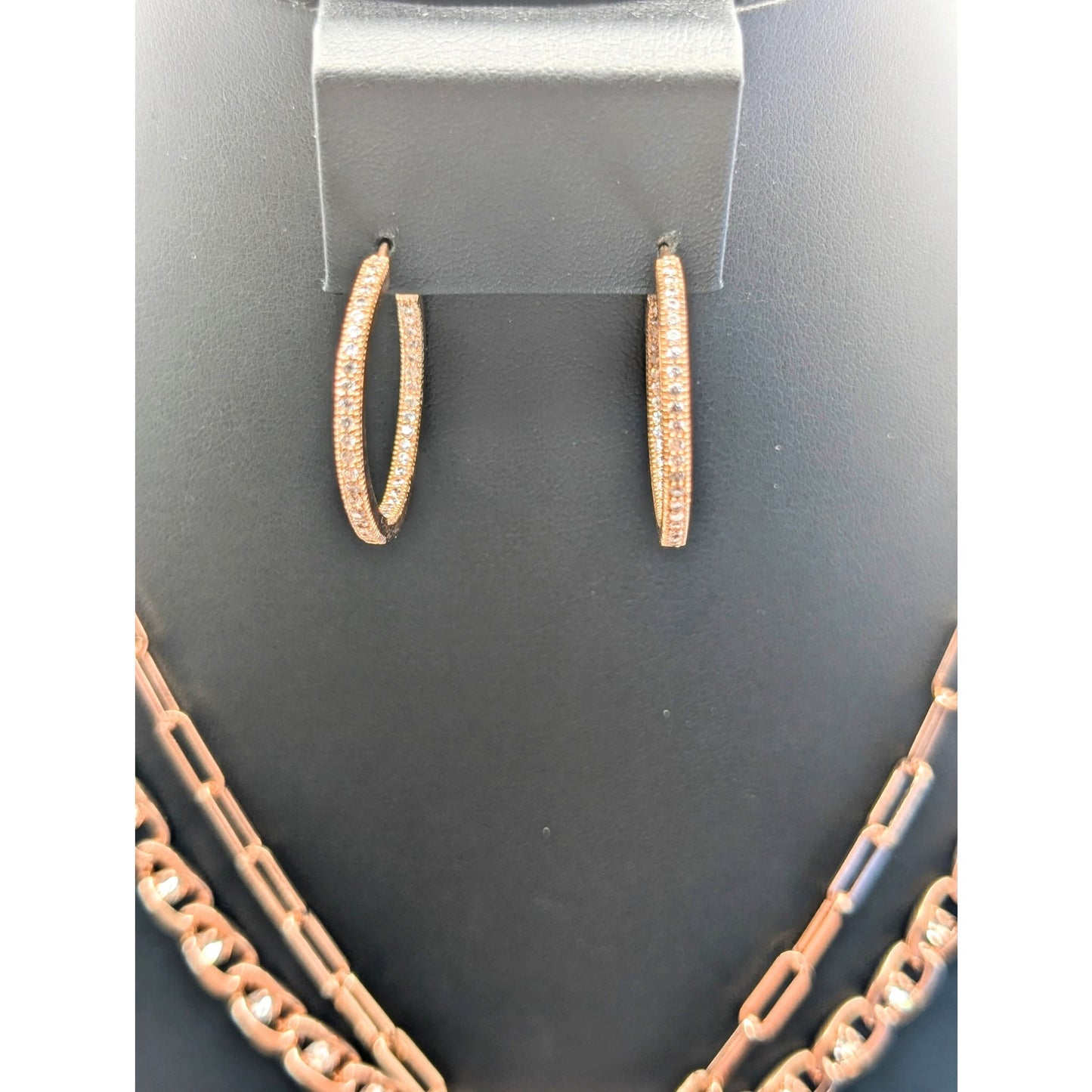 Lot of Two Necklaces Two Bracelets & Three Pair Earrings Rose Tone Metal
