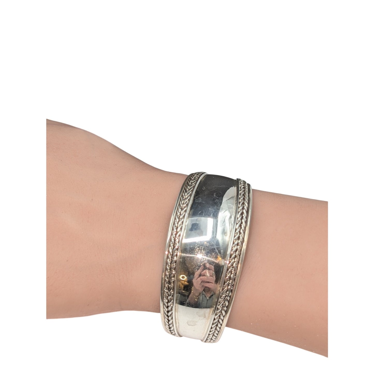 Vintage 925 Sterling Silver Polished Mirror Braided Edge Cuff Bracelet 25.04g