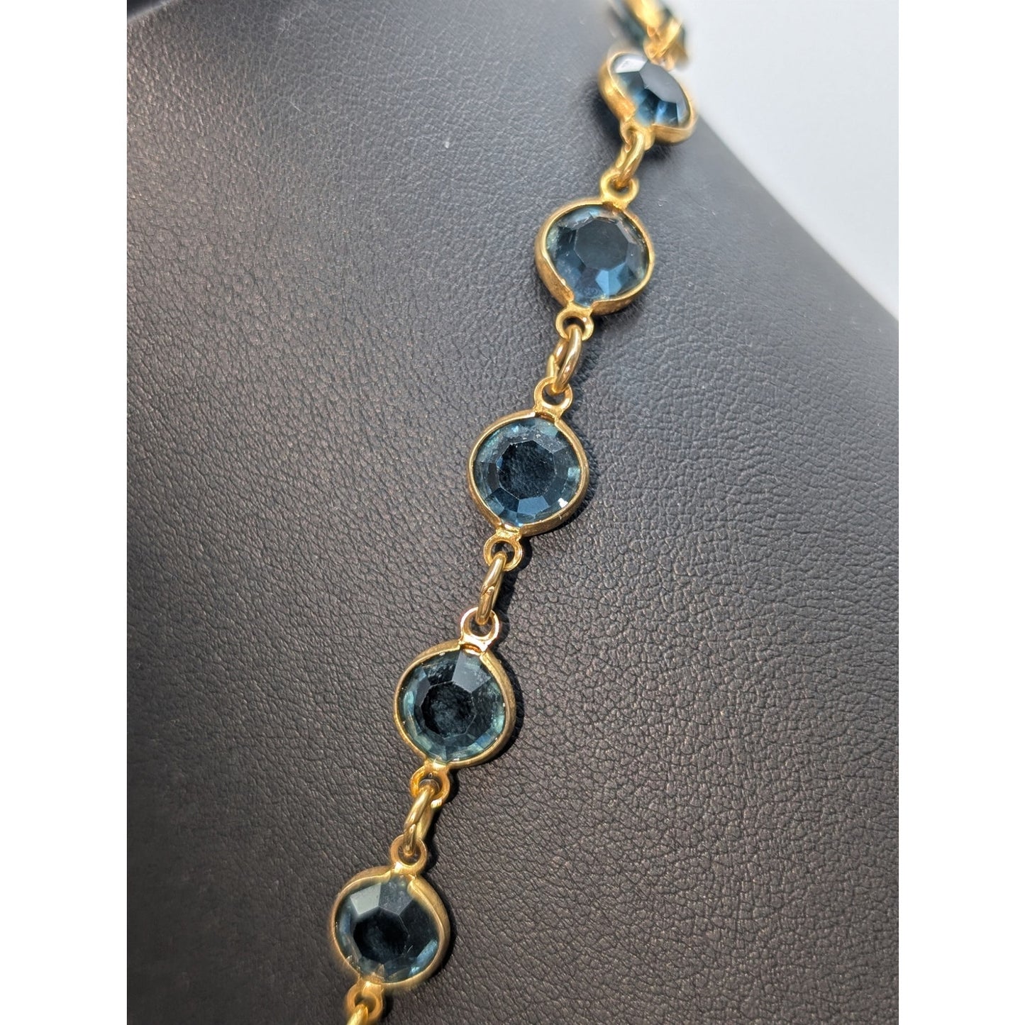 Vintage Austrian Crystal USA Gold Tone Bezel Set Blue Crystal Chain 36" Necklace
