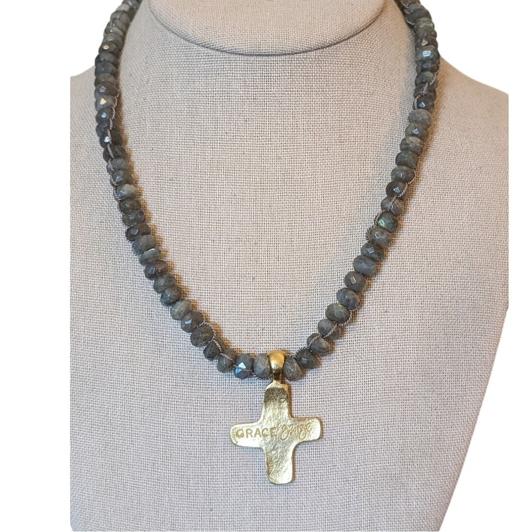 Grace George Gray Faceted Glass Bead Necklace W/ Chunky Gold Tone Cross Pendant