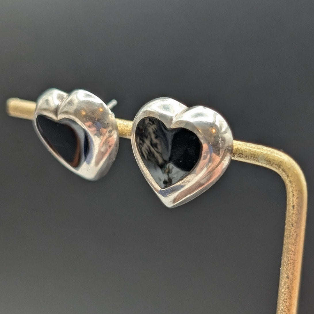Vintage 925 Sterling Silver Thick Black Onyx Heart Post 3/4" Earrings