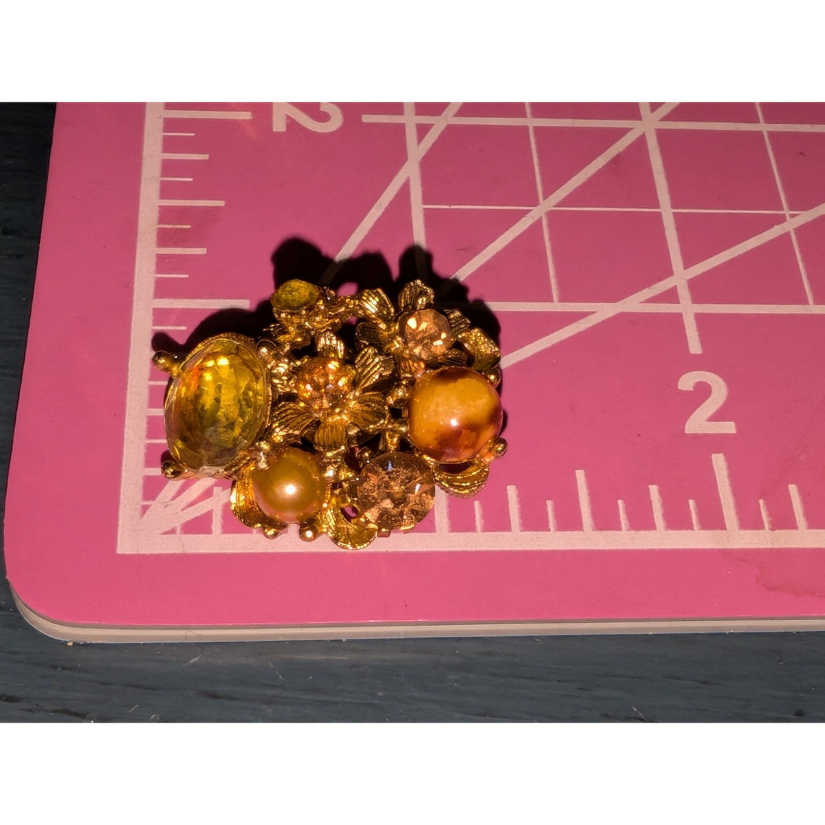 VTG Signed Selini 1950s Citrine Crystal Faux Pearl Rhinestone Clip On Earrings