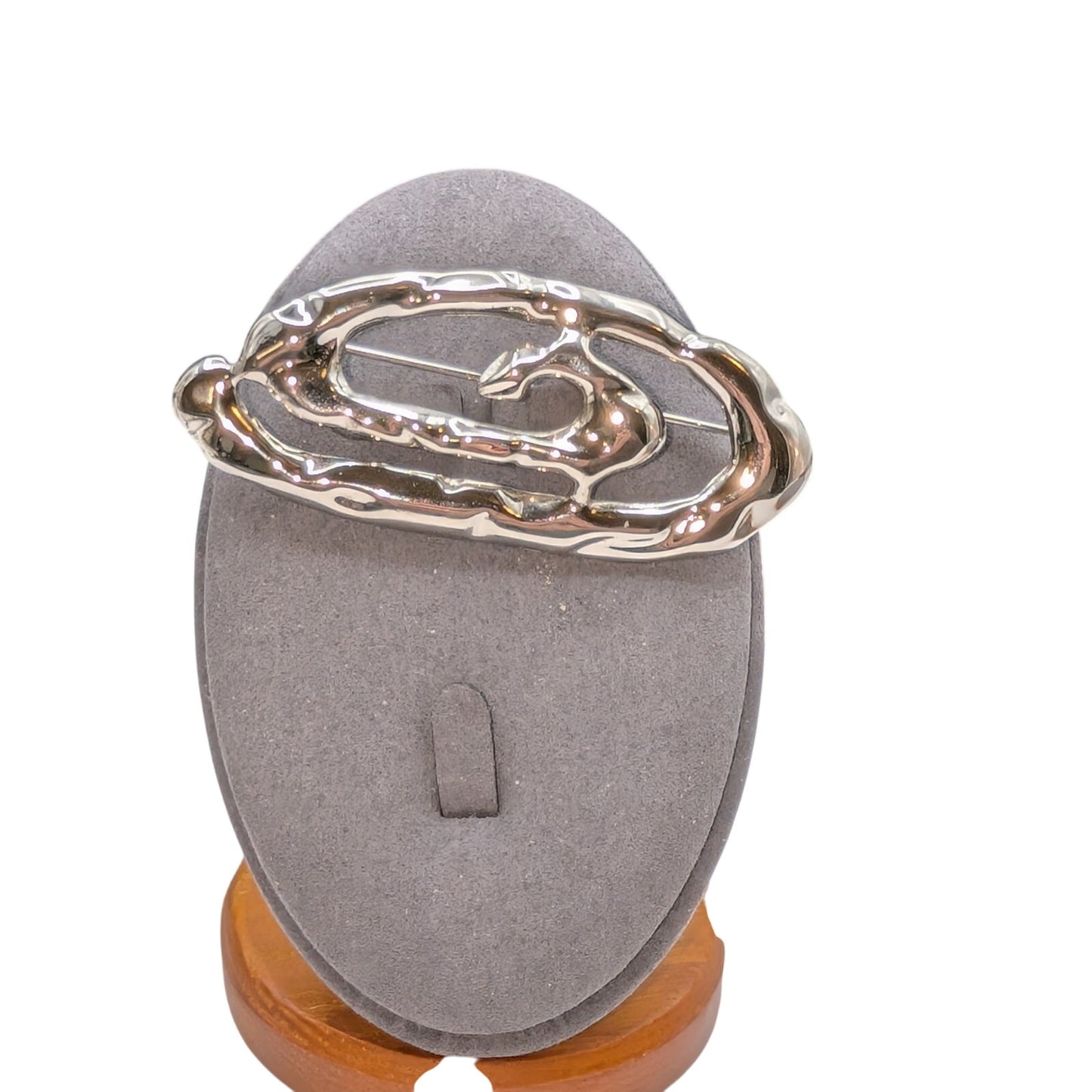 Vintage Oval Hammered Abstract Swirl Silver Tone Brooch