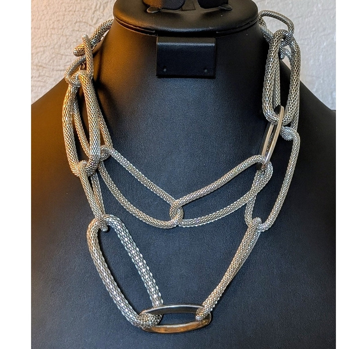 Vintage Chico's Mesh Link Silver Tone Long Statement 34" Necklace