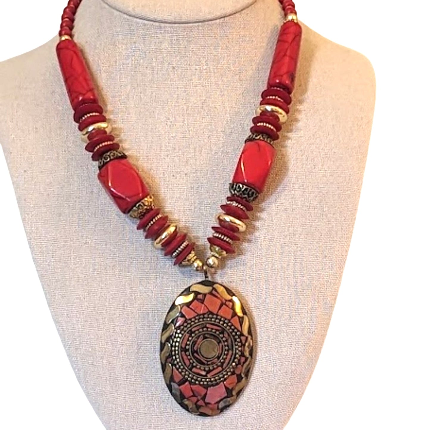 Red Tribal Vibe Inlay Pendant Necklace with Vintage Hook Clasp