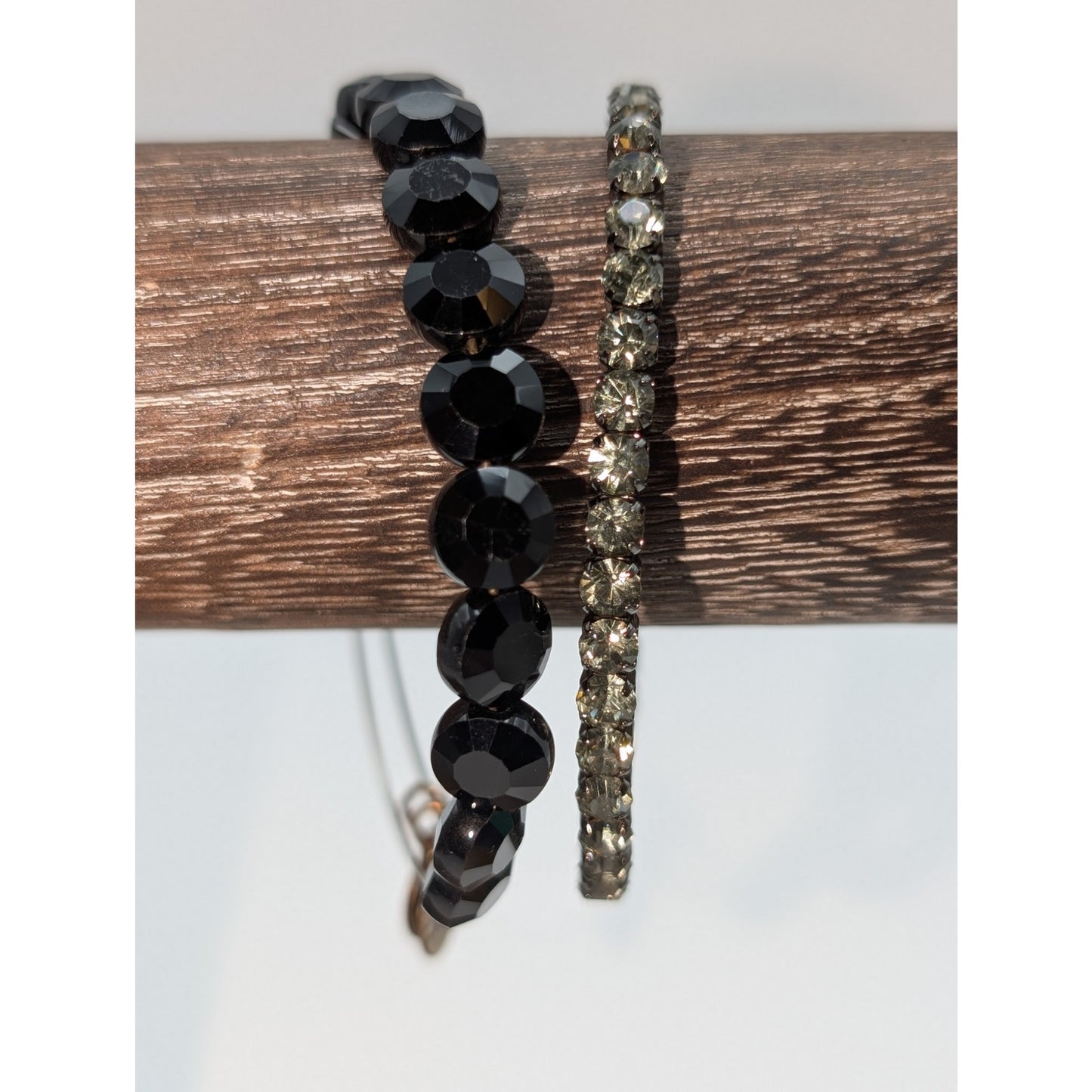 Alex and Ani Black Crystal Bead Bangle & Smoky Gray Crystal Stretch Bracelets