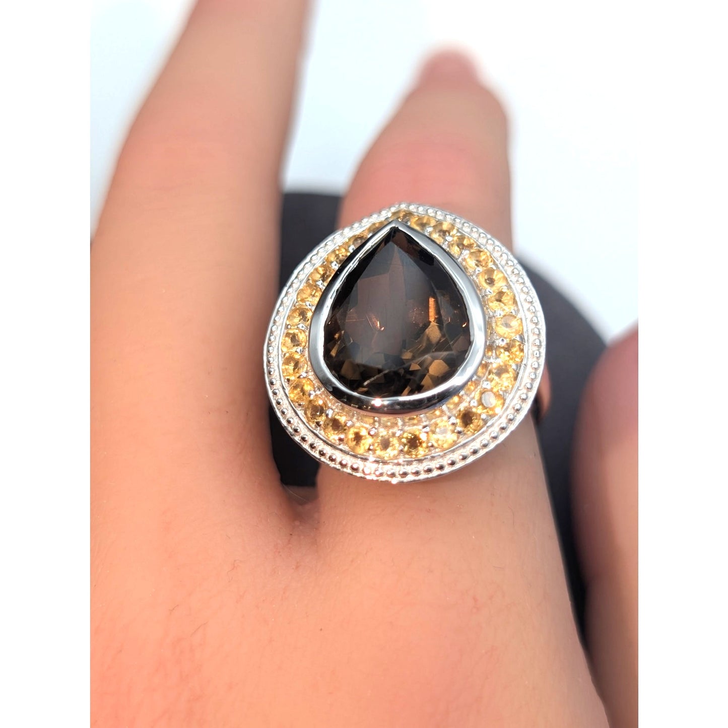 925 Sterling Brown Topaz Teardrop Center Stone Citrine Stone Surround Ring Sz 7