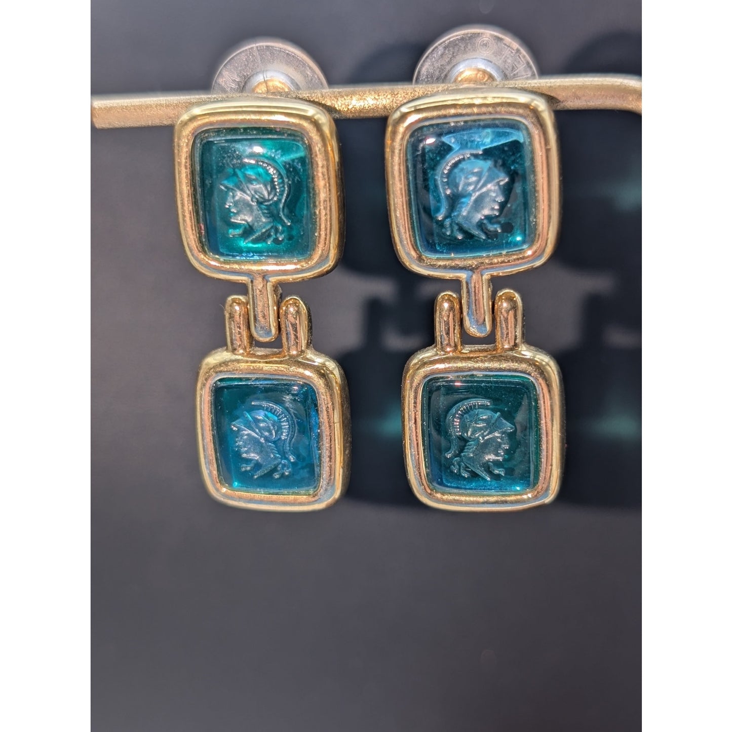 Vintage Monet Gold Tone Warrior Green Intaglio Etched Drop Pierced Earrings Rare