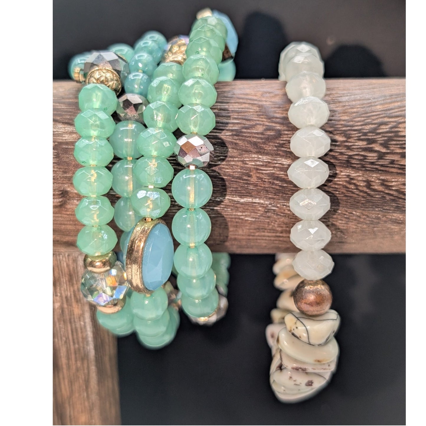 Lot of Nine Green Theme Stone & Glass Bead Bracelets