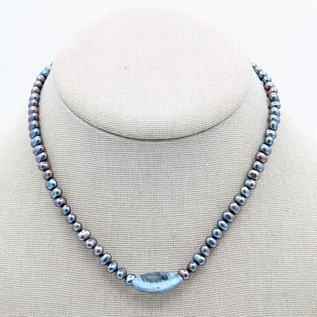 VTG 925 Sterling Silver Spring Ring Clasp 5MM Freshwater Peacock Pearl Necklace