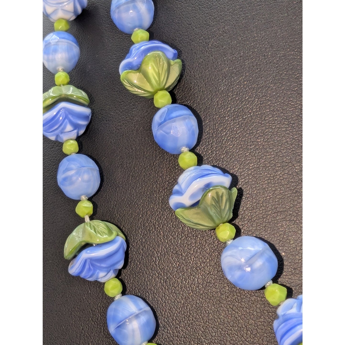 Vintage Art Deco Blue Green Slag Glass Flower Bead Long 50" Necklace