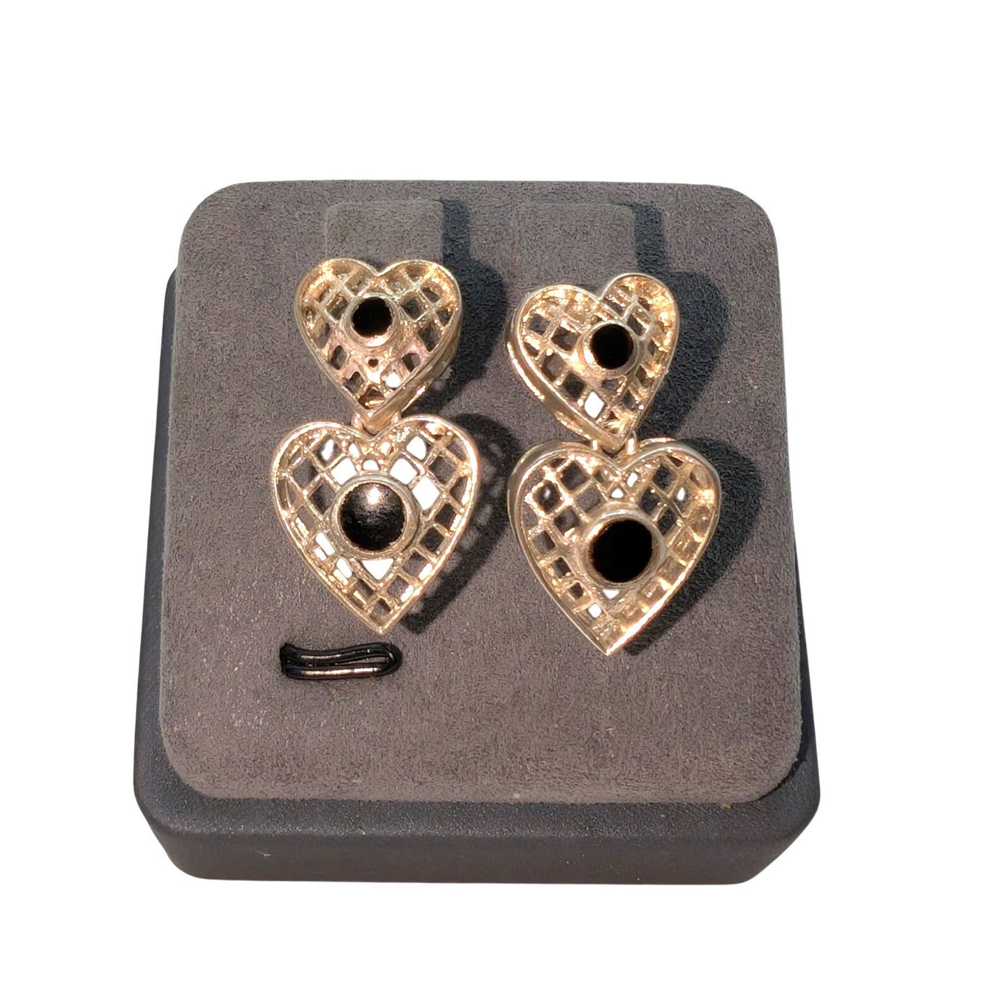 Vintage Sterling Silver Bezel Set Black Onyx Open Double Heart Dangle Earrings